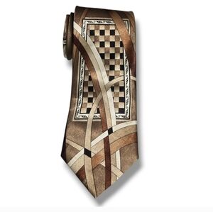 Vintage Art Deco Mens Tie Brown Taupe Black Checkerboard Made In USA Gianno